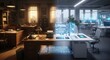 © DELstudio - Evolution of office design, from vintage workspace with typewriters and rotary phones to futuristic digital workplace with holographic screens and AI technology