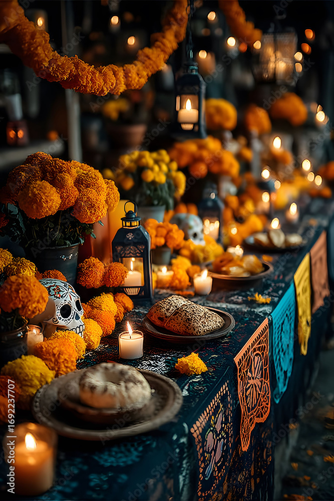Day of the Dead Altar with Marigolds and Candles - Decorative Setup for ...