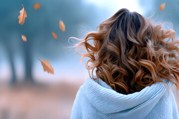 Wall Mural - Autumn Breeze with Falling Leaves and Wavy Hair, Perfect for Seasonal Print Design