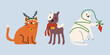© luamor - Christmas cartoon animals set in various poses and different breeds. Funny domestic cats and dogs wearing different Christmas outfits with happy charming playful expression