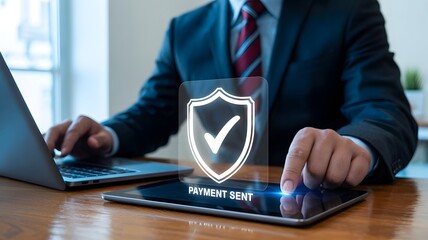Businessman sends payment, uses tablet. Shield icon displays secured transaction. Modern, financial branding, video background.