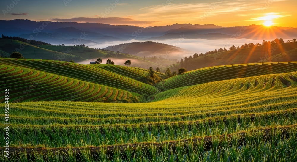 Expansive view of lush green rice fields with rolling hills at sunrise, capturing a calm agricultural landscape.