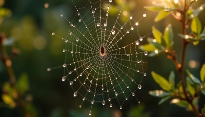 Close-up of Raindrops on a Spider Web: Macro Shot