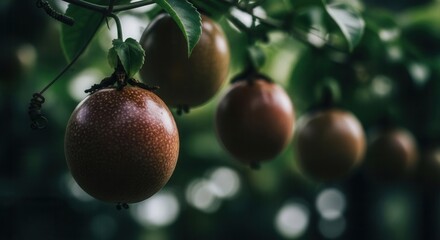 captivating close-up of passion fruit hanging from the tree branch in nature showcasing detail