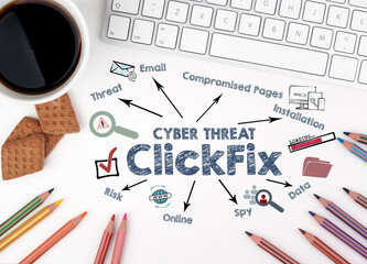 Wall Mural - Cyber Threat ClickFix Concept. Chart with keywords and icons. White office desk