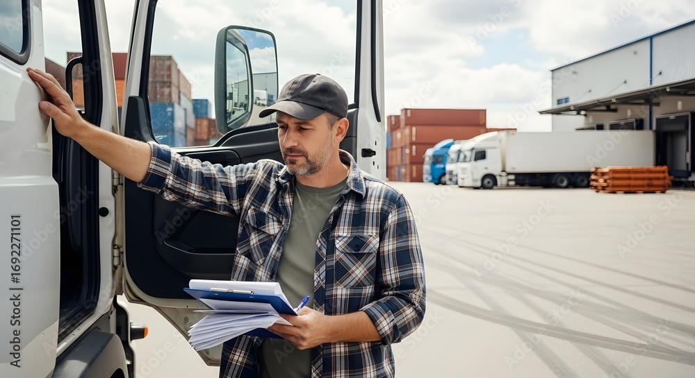 Shipping Driver Check In Professional truck driver checking documents next to his semi-truck at ...