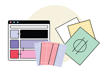 Illustration of a website layout design is shown with colorful sticky notes and design elements