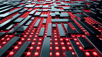 Abstract digital surface with glowing red lights and futuristic black rectangular blocks in technology pattern