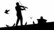 © Masood - Silhouette of a violinist on a rooftop with birds flying around in a monochromatic illustration