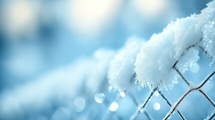 Close - up of Snow - Covered Chain Link Fence with Bokeh in Winter