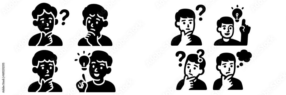 Icons of people thinking, questioning, and having ideas, representing ...