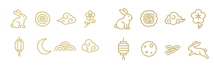 Mid-Autumn Festival line icon set with traditional Asian holiday symbols including the jade rabbit, mooncake, lantern, full moon, clouds, and flowers in a simple gold outline style