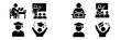 © icon_art - Education and learning glyph icon set with student studying at desk, teacher in classroom, and graduate celebrating