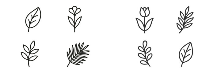 Set of minimalist botanical line art icons with various leaves and flowers isolated on a white background