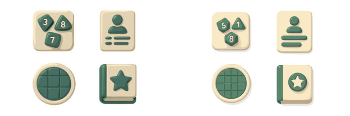 Set of 3D user interface icons for web and mobile applications featuring profile, numbers, grid, and bookmark symbols