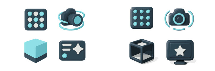 Set of modern user interface pictograms with a glossy plastic finish including camera, cube, monitor, and menu symbols for web and mobile app design