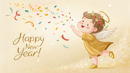A charming cartoon illustration of a little angel celebrating the New Year with confetti. This image is perfect for websites and blogs about holidays, celebrations, and greeting cards.

