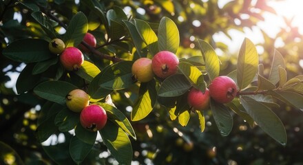 guava tree branch with ripe and unripe fruits in the sunlight during the day