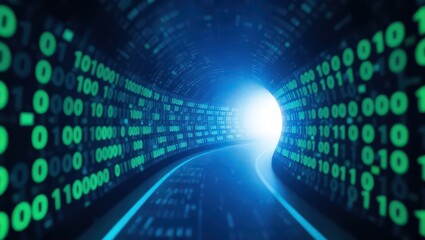 A digital tunnel with binary code and bright light at the end showing data transmission concept