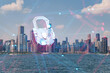 Chicago cityscape with digital hologram of a fingerprint overlay, conceptualizing future technology and security. Double exposure