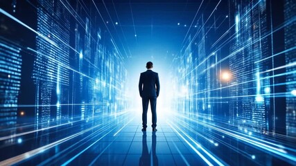 Businessman in Digital City Tunnel, Future Technology Concept