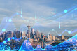 Seattle skyline with holographic data overlay, digital futuristic style on a daylight background, technology and business concept. Double exposure