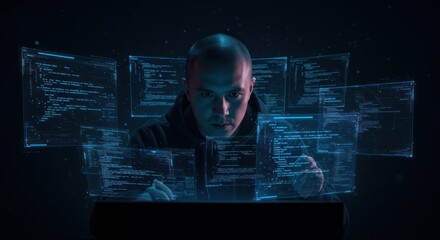 Man working with holographic computer interfaces in dark room
