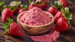 © Line - Strawberry powder in wooden bowl with fresh fruit on rustic tabletop