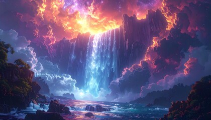 Majestic waterfall cascades from a celestial cliff into a vibrant ocean vista landscape
