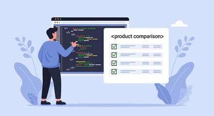 Male developer from behind pointing at code on a screen next to a product comparison checklist. EPS Editable