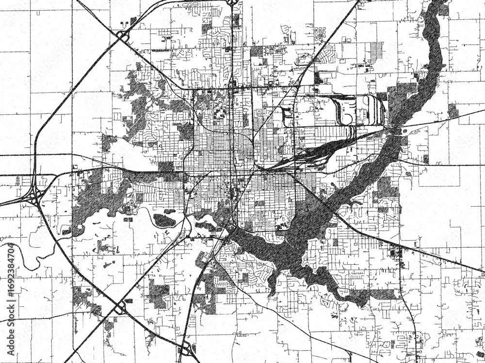 Black and white sketch-style map of Decatur, Illinois, designed ...