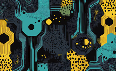 A power neon light tech futuristic pattern is created through the combination of a seamless abstract modern futuristic dark techno texture, a blue electron energy line on a gray background, and black