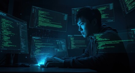 Programmer working with multiple screens of code in a dark room.