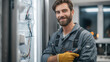 © Julia - Refrigerator repairman is dressed in a work uniform. He is wearing protective gloves. The repairman is holding tools in his hands. The background is related to household appliances.