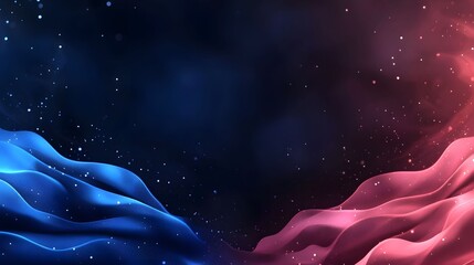 Wall Mural - the image shows a vibrant, abstract background with a gradient of blue and red waves, adorned with s