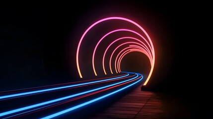 Wall Mural - the image showcases an abstract neon tunnel design with concentric pink and orange arches and glowin