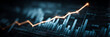 © Strother - A glowing line graph showing a positive upward trend over a digital bar chart. A concept for financial growth, stock market success, and data analysis.