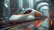 © ndari - Futuristic high-speed train travels through a cyberpunk city.