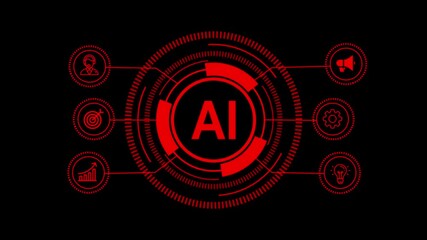Futuristic Digital Technology Interface with Glowing Red Fintech and Internet Icons on Dark Background – Innovation, Trends, and Modern Business Solutions