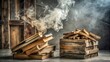 © Vibrant Visions Pixe - A mystical scene of aged books and firewood, shrouded in ethereal smoke, evokes a sense of forgotten knowledge and the passage of time.