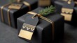 © Nunthaphuk - Remote Work in Cabin – Elegant Black and Gold Gift Boxes with Decorative Tags for Festive Occasions