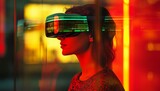 Mujer que usa gafas de realidad virtual con un impactante efecto cristal fractal