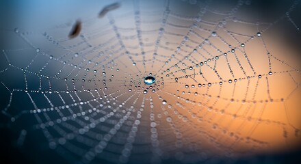 Delicate Spider Web with Dew Drops at Dawn.