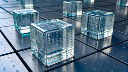 Futuristic data storage cubes on a metallic surface