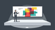 © Linda - Vector illustration of a businessman in a suit delivering a presentation on stage with a microphone. A large screen behind him displays colorful abstract graphics.