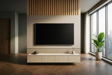  Modern minimalist living room interior with wall-mounted TV, wooden accents, and large window offering city skyline view in natural daylight.