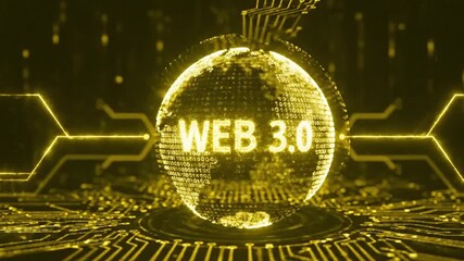 Glowing web 3.0 sphere with binary code on a circuit board background in gold