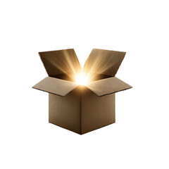 open cardboard box with glowing light inside on transparent background