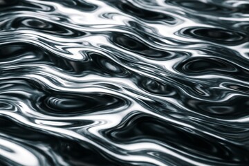 Wall Mural - Abstract black and white fluid waves background with metallic light reflections in dynamic motion across smooth surface pattern. Ai generative. Ai generative