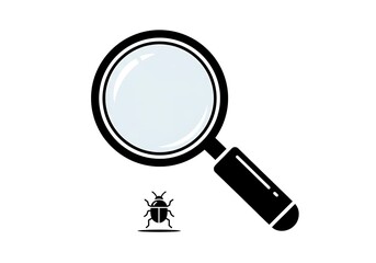 Vector icon of a magnifying glass over a small insect, symbolizing software testing, debugging, and the process of finding errors
